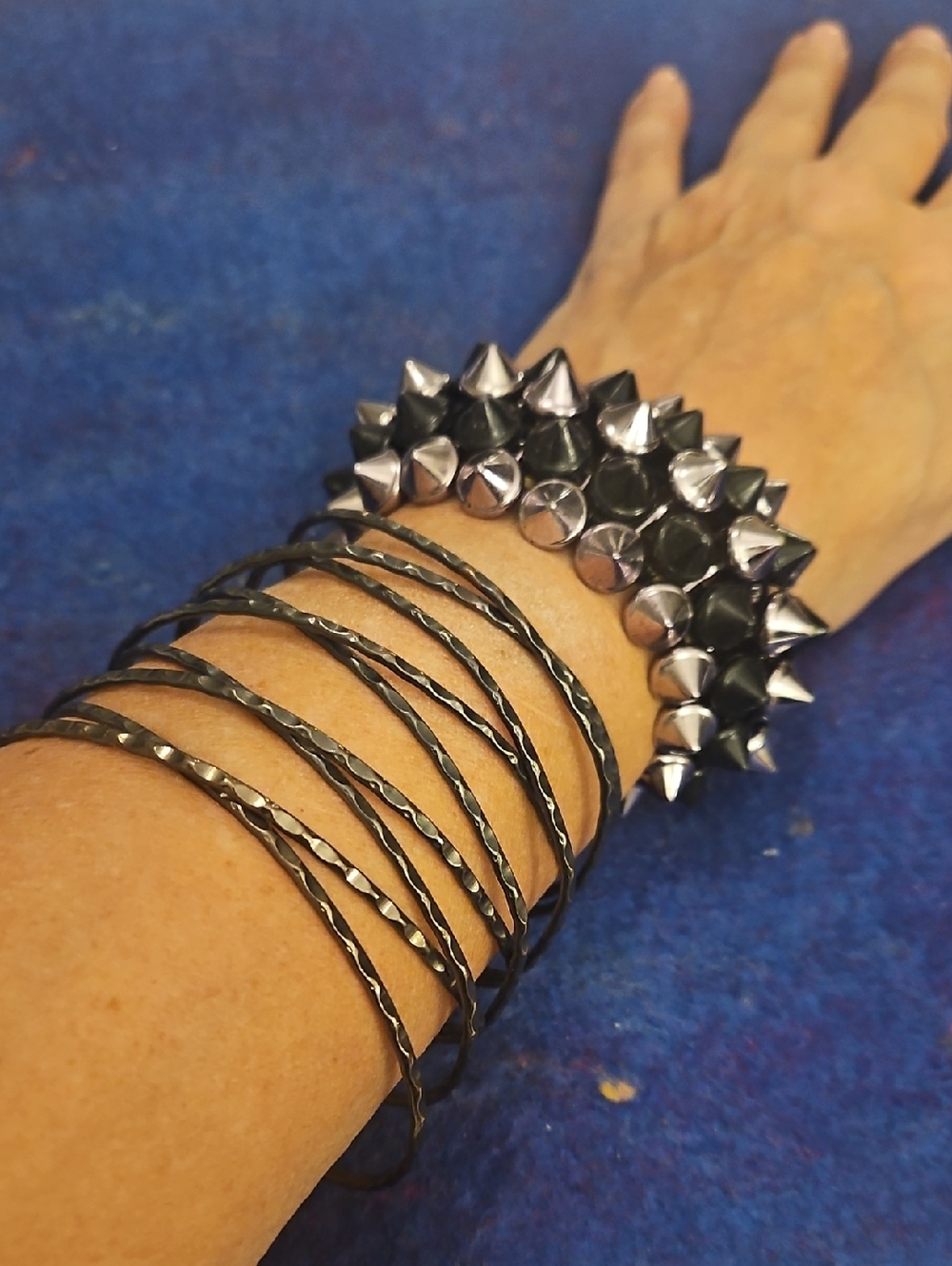 3 For $15 Black Spiked Stretch Braclet & Metal Cuff Braclet  .Set Of 2